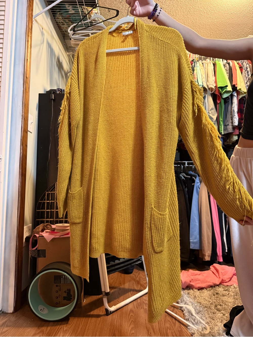 Mustard Fringe Sleeve Open-Front Knit Cardigan - Women